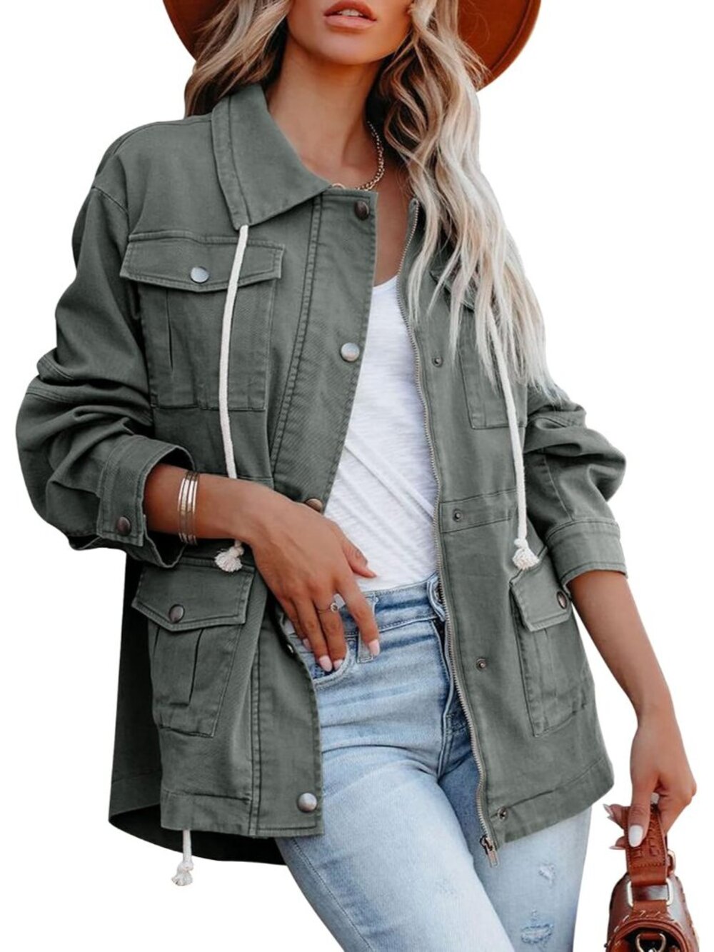 〽️Women's Olive Cotton Military Anorak Zip Up Safari Utility Lightweight Coat